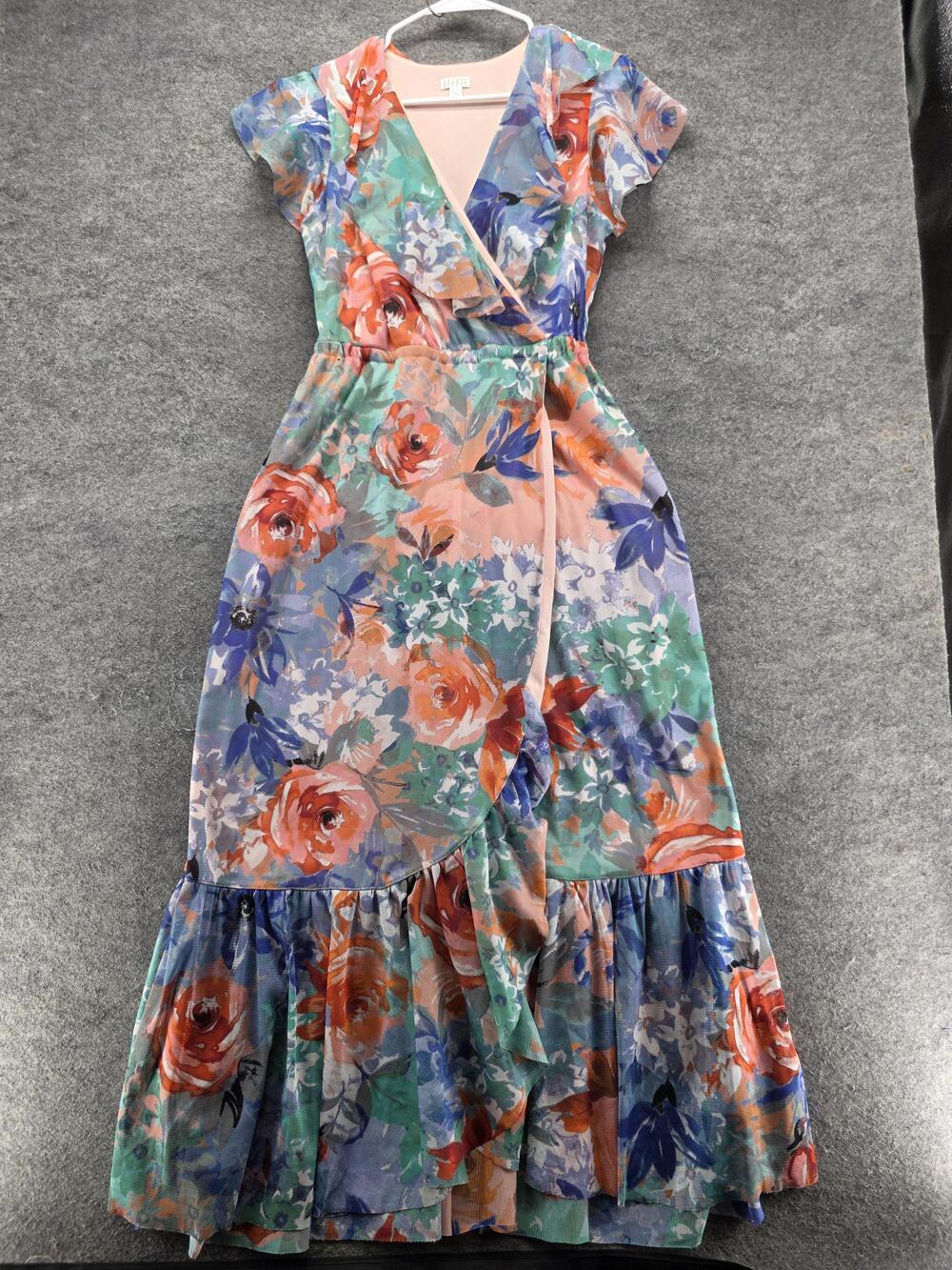 Spense Dress Womens Petite S Multicolor Wrap Maxi Floral Chiffon Ruffle